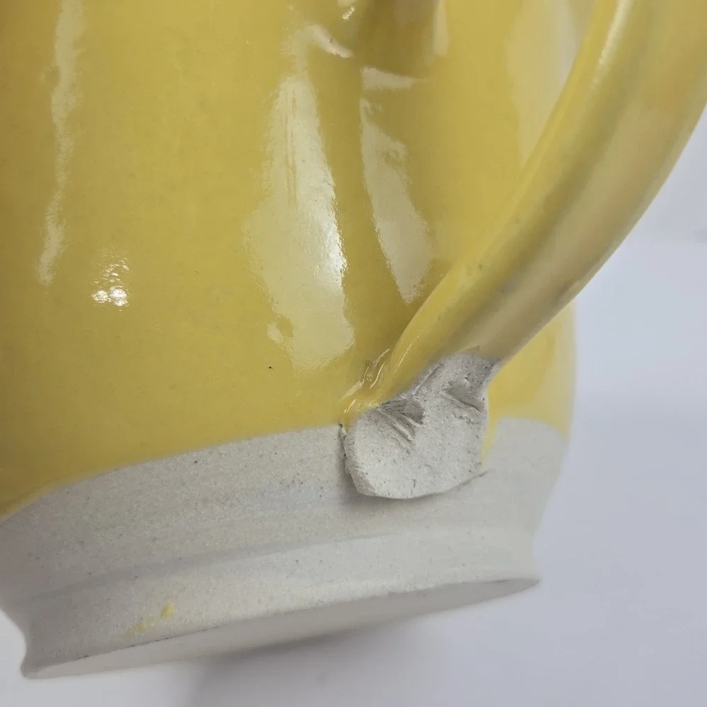 Vtg Art Pottery Yellow Speckled Batter Mixing Bowl Spout Handle Signed Farmhouse